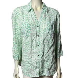 JM Size 16 Mint Green Geometric Print 100% Linen Button Down Shirt 3/4 Sleeve